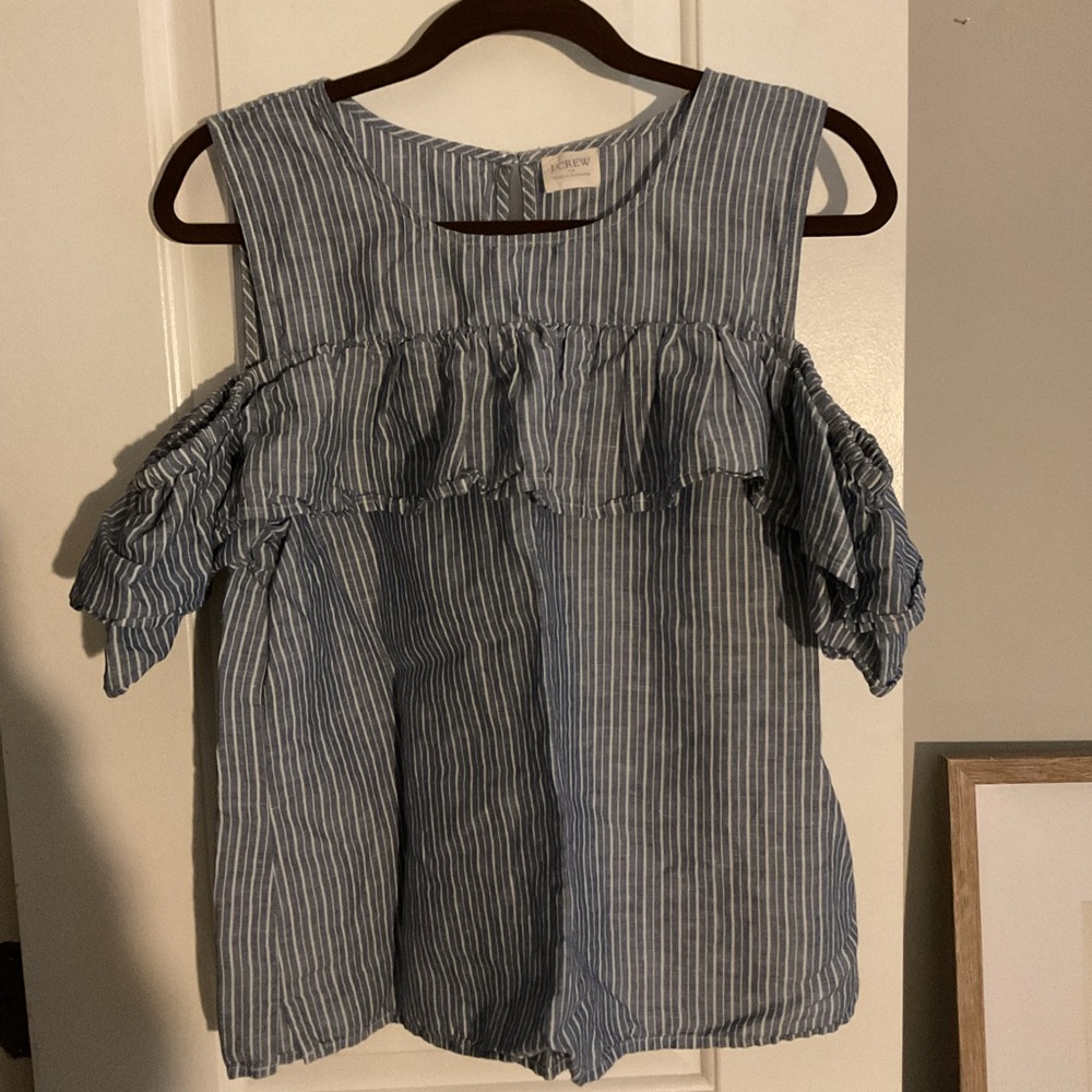 J.CREW Women Blouse Top Cold Shoulder Blue Boho Pinstripe Festival Linen L
